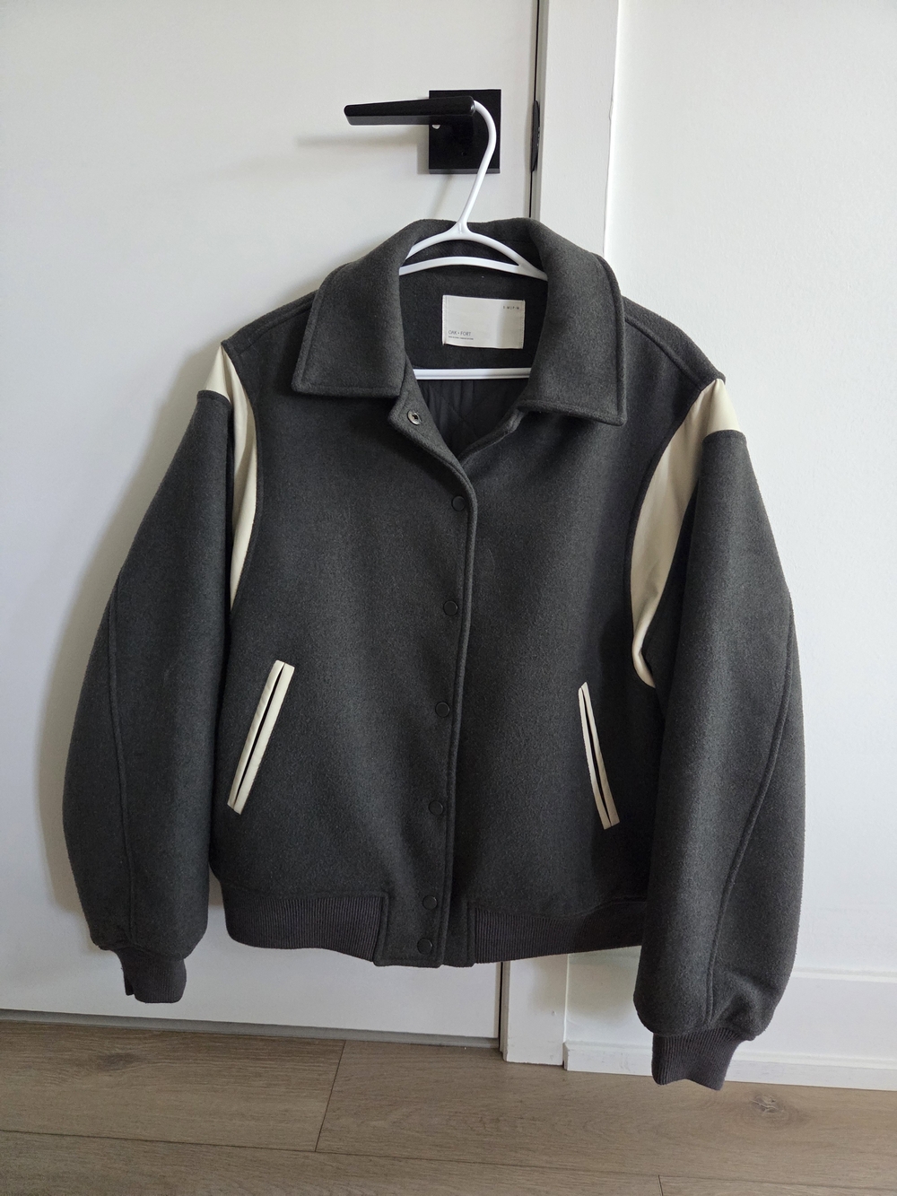 Oak & Fort Dark Gray Wool-Blend Varsity Jacket with Cream Accents